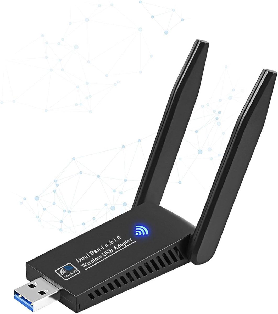 USB WLAN Stick Adapter 1300 Mbit/s voor PC, 5GHz/2.4GHz High Gain Dual 5dBi antennes, MU-MIMO, WiFi dongle, WPA2, compatibel met Windows XP/11/10/8.1/8/7 en Mac OS