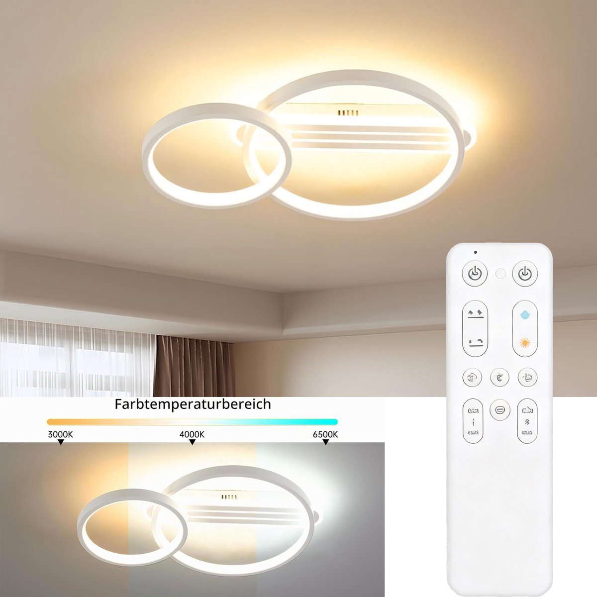Amdelne ‑ LED Plafonniere - Luxe Roterende Dubbele Ring ‑ 36W ‑ 3000K‑6500K ‑ 3600LM ‑ Met Afstandsbediening ‑ Dimbare Binnenverlichting ‑ Wit - Voor Slaapkamer Woonkamer Kinderkamer