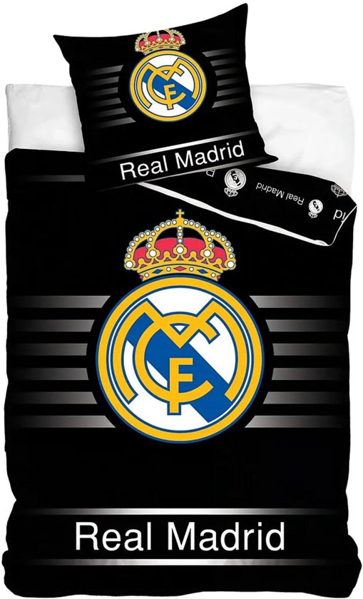 Zwart dekbedovertrek en kussensloop met het Real Madrid logo en strepen, met tekst 'Real Madrid'.