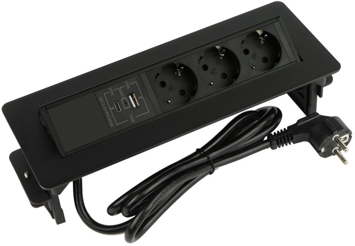 Design Light Flixbox – Stekkerdoos met 3 stopcontacten – Verdeeldoos met USB A & C –Smalle inbouw verdeelstekker met 1,5 meter kabel – Zwart