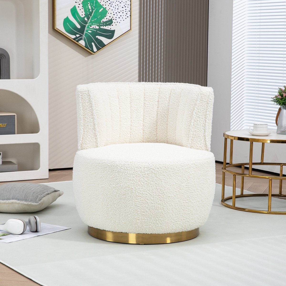 REDOM - Fauteuil - 360° draaifunctie - ergonomische rugleuning - dikke schuimvulling - modern - woonkamer slaapkamer werkkamer - teddystof - Wit - 62,5 x 62 x 69,5 cm