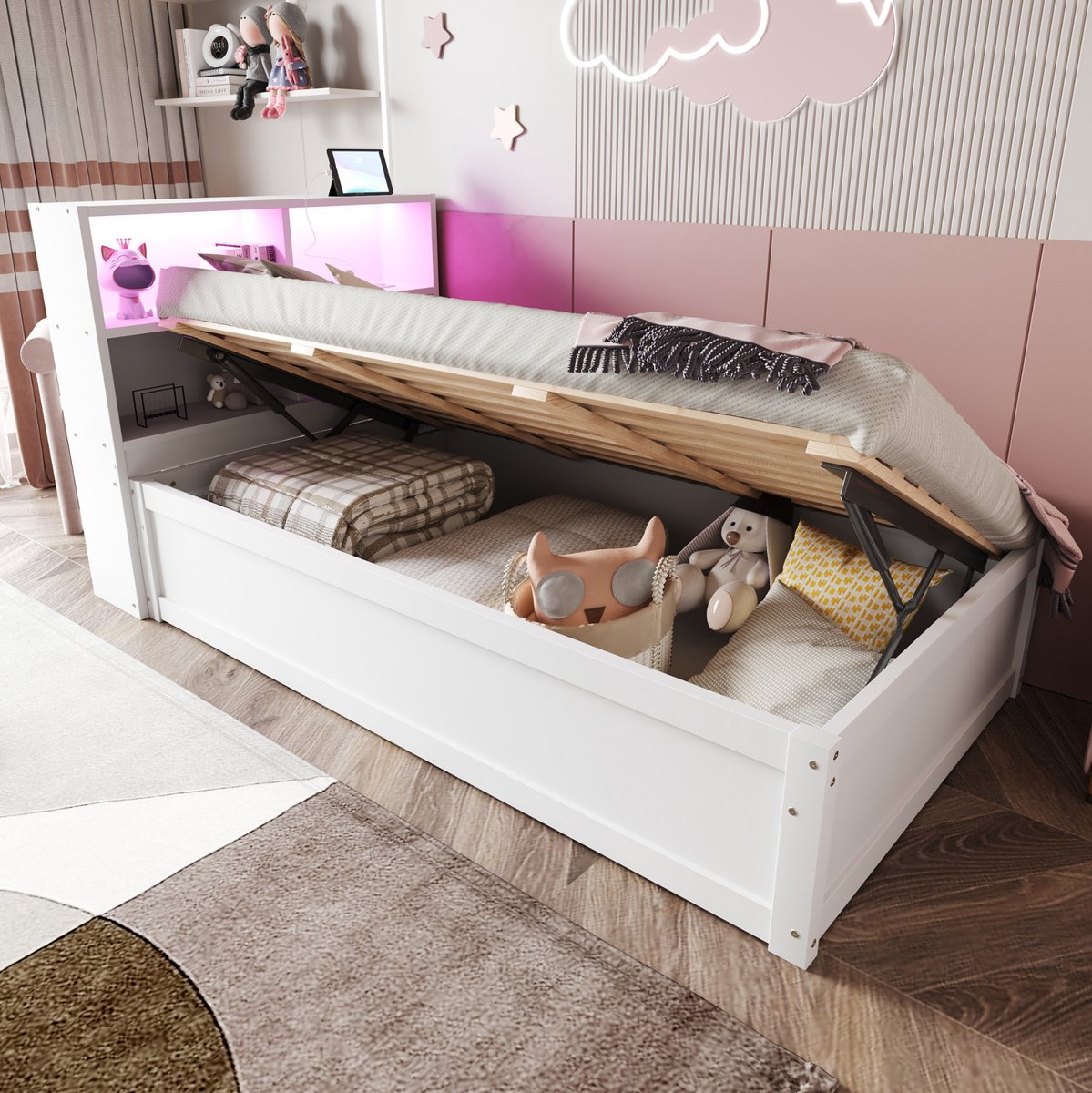 REDOM - Bedframe met opbergruimte - LED-verlichting - Lattenbodem - Multifunctioneel - Voor de logeerkamer - Hout en MDF - Wit - 90 x 200 cm