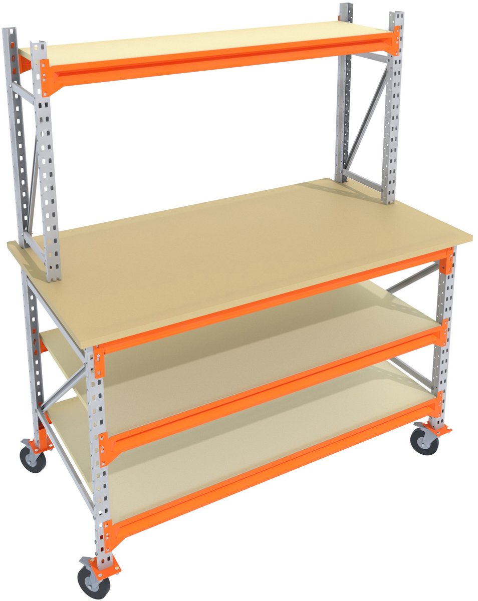 Werkbank of Inpaktafel op wielen GALVA 135cmx85cm - 3 niveaus (multiplex, 1 opbouw, zwarte wielen)