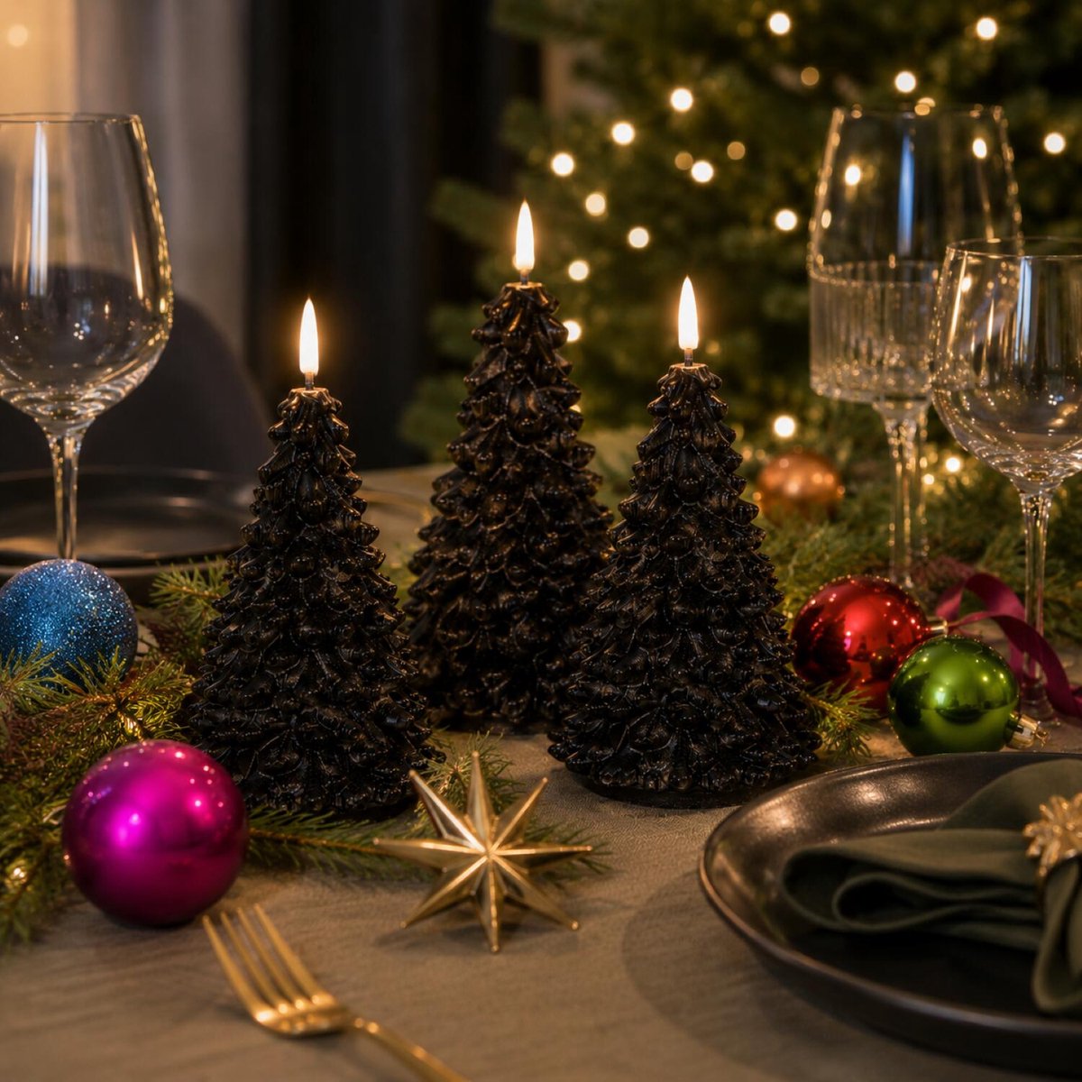Anna's Collection LED kerstboom kaars - 3x - zwart - 20 cm - kerstkaars - kerstdiner kaarsen