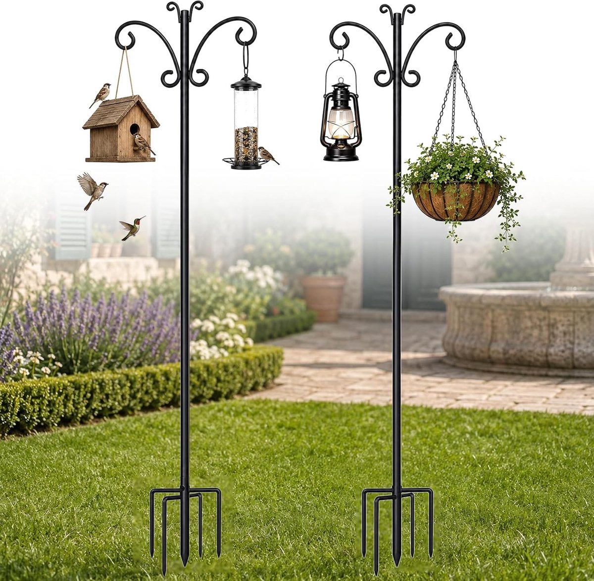 Hangend vogelvoederstation met 2 dispensers en 193 cm hoge standaard voor tuin en balkon