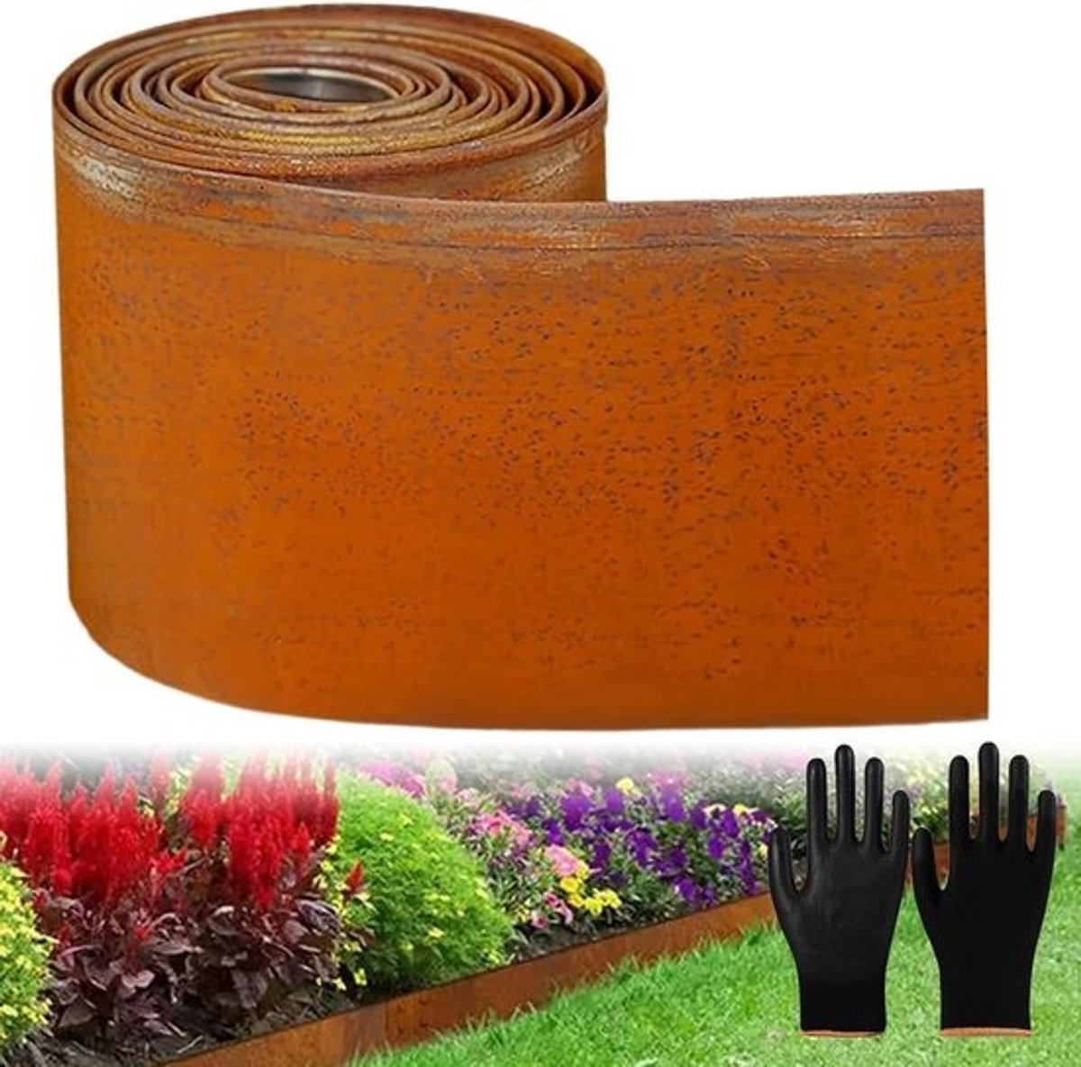 Metalen Gazonrand 10m x 15.5cm - Cortenstaal Look Borderrand voor Tuin en Bloembedden met Handschoenen