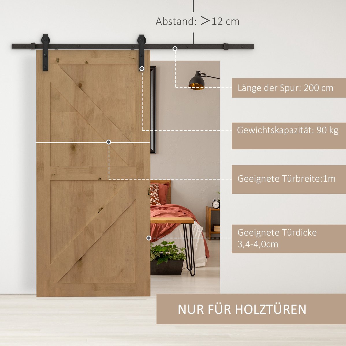 COVREO Schuifdeurbeslag set 200 cm zwart staal - complete rails, rollen en montage voor houten deuren
