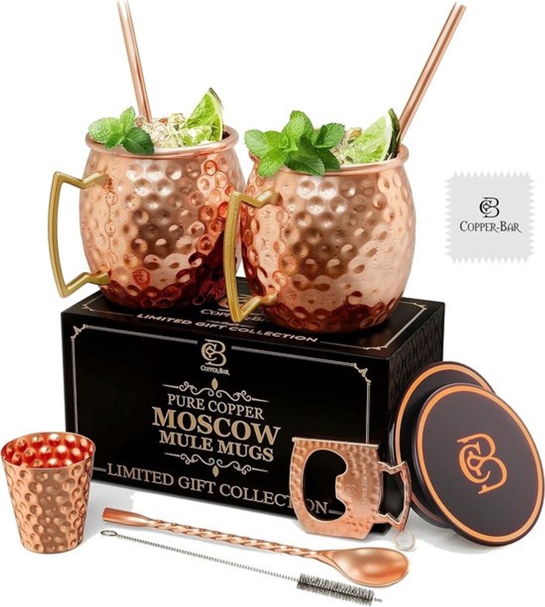 Set van 2 Handgemaakt Koperen Mokken met Cocktailaccessoires - 16 oz
