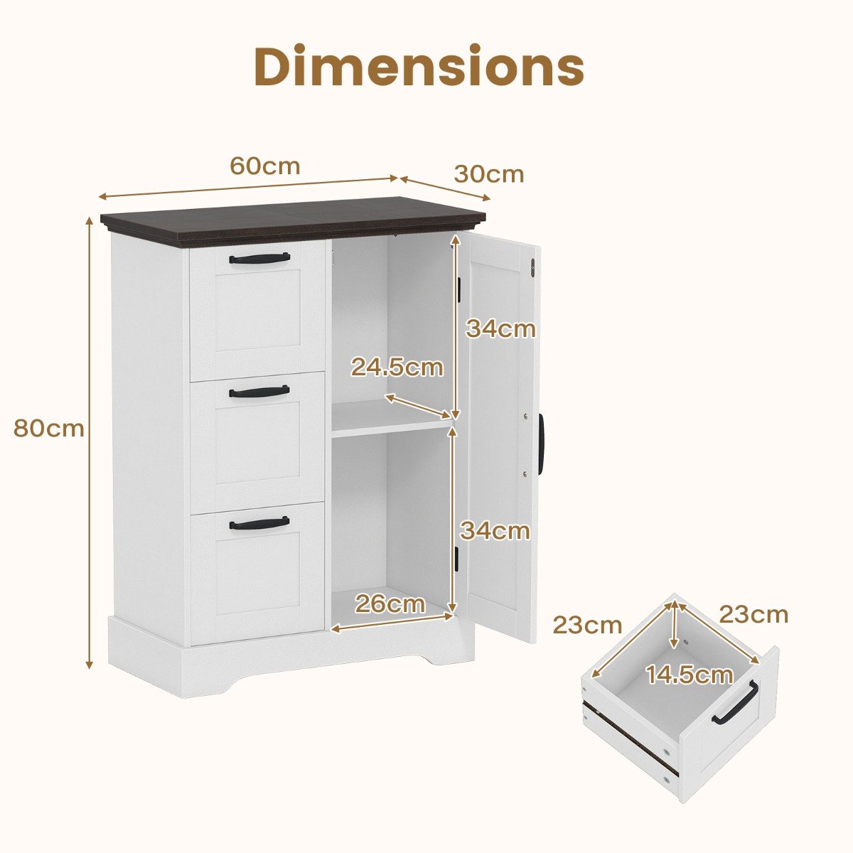 SureDeal® - Keukenkast - Keukenkast Houten Archiefkast - Schuifdeuren - Drie Laden Vrijstaande - 60x30x80 cm - Wit
