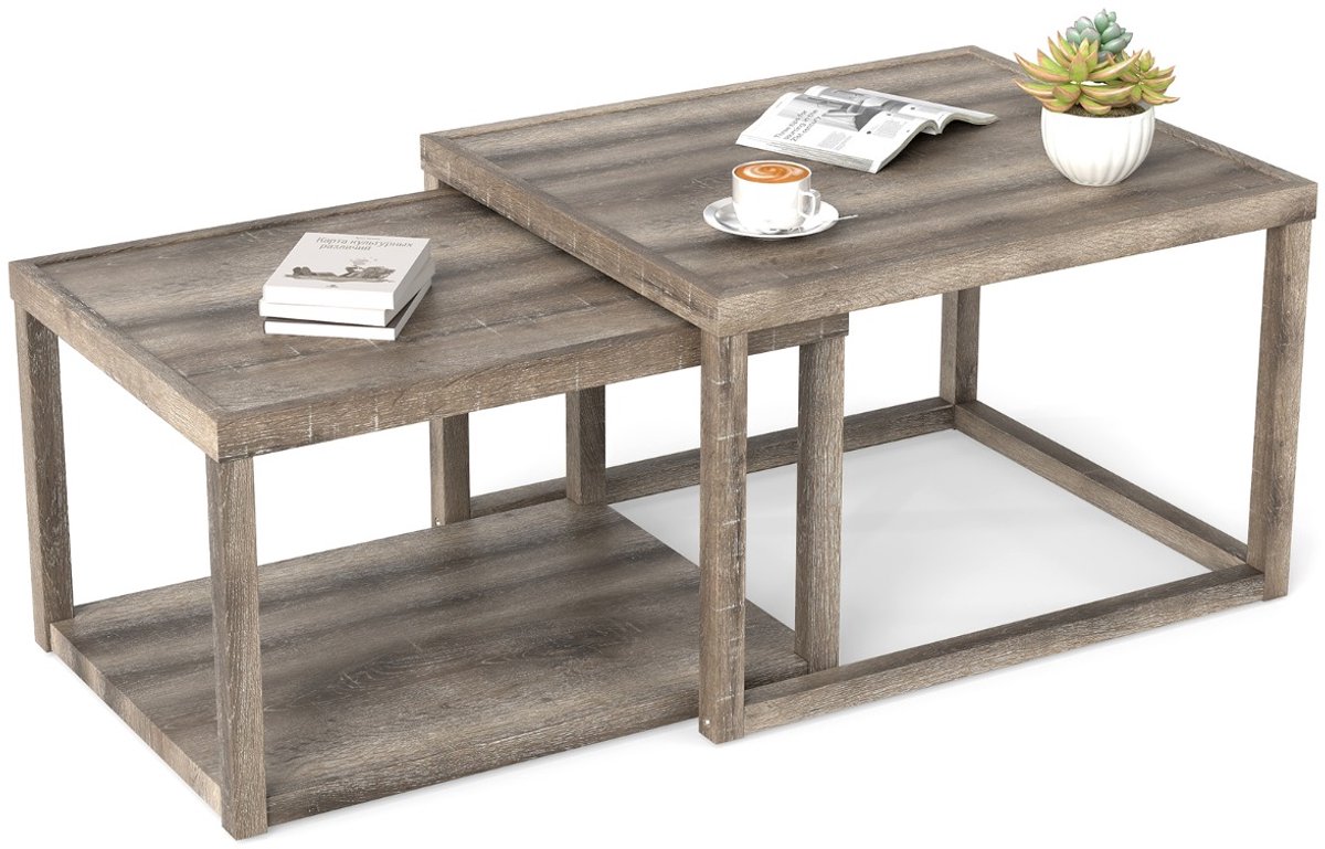 SureDeal® - Salontafel - 2-delige Rechthoekige Stapelbare - Opbergruimte Boerderij Bijzettafel - 70x60x45 cm - Grijs
