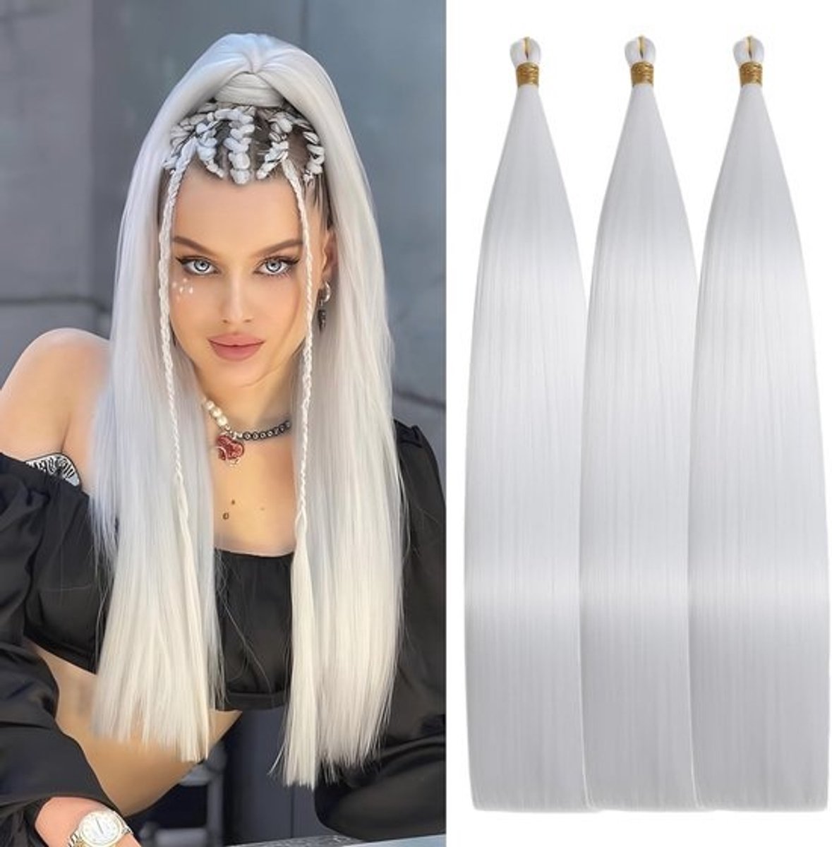 24 Inch Steile Haar Extensions - 150g Haarverlengingen, Zachte Synthese Bundels voor Vlechten (wit)