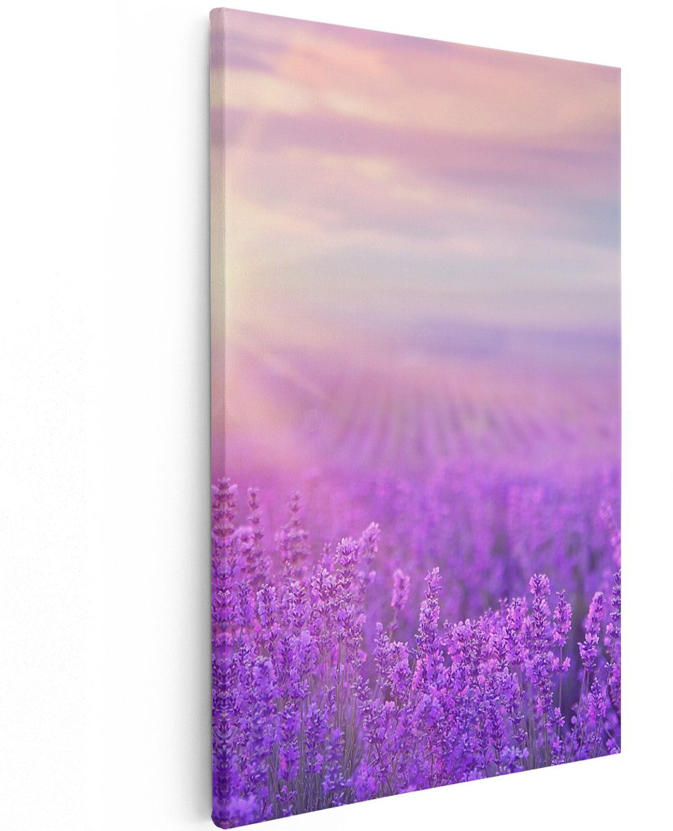 Artaza Canvas Schilderij Bloemenveld Met Paarse Lavendel - 120x180 cm - Groot - Wanddecoratie Woonkamer - Schilderijen - Muurdecoratie