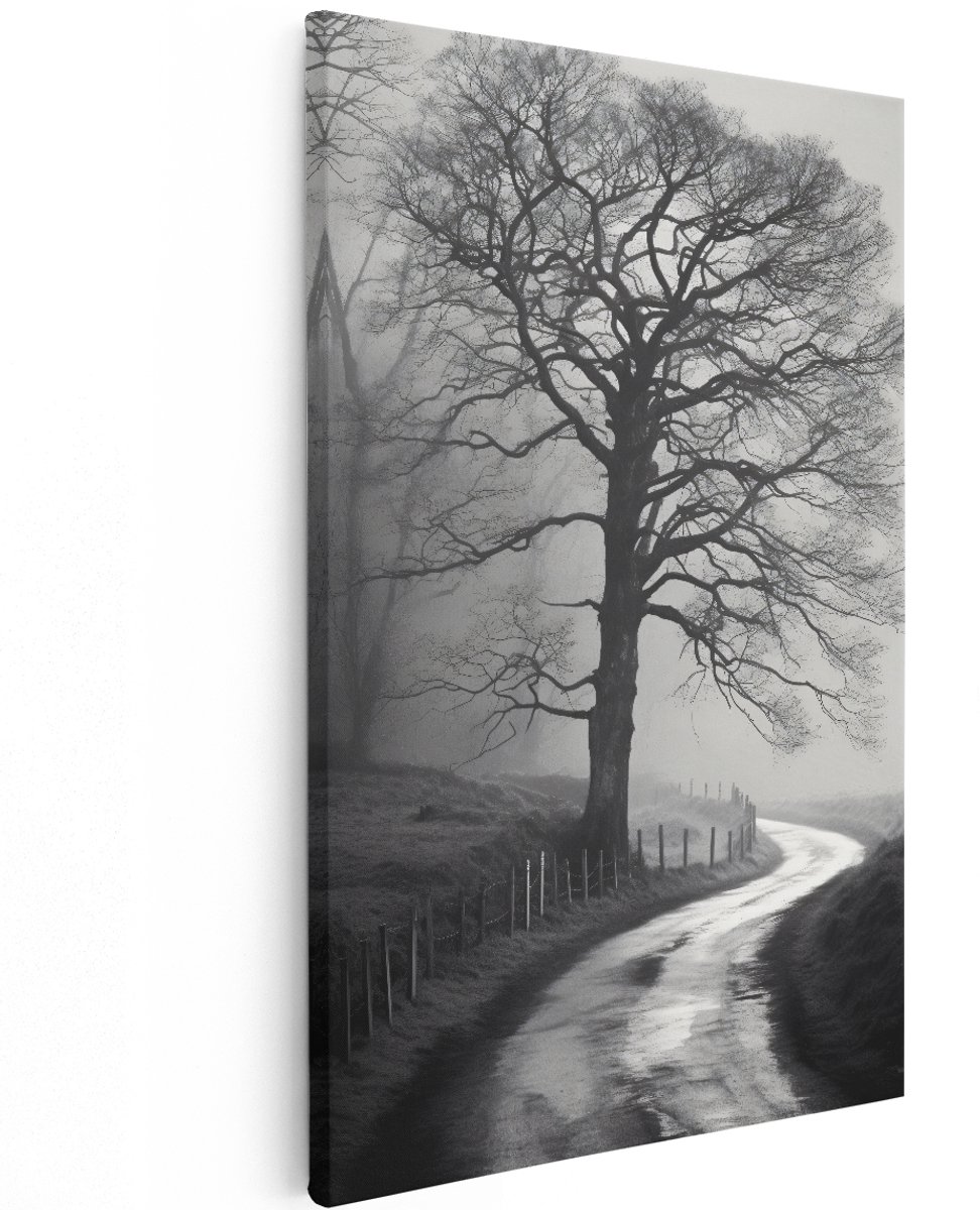 Artaza Canvas Schilderij Boerenlandschap weg - Zwart Wit - 120x180 cm - Groot - Foto Op Canvas - Wanddecoratie Woonkamer