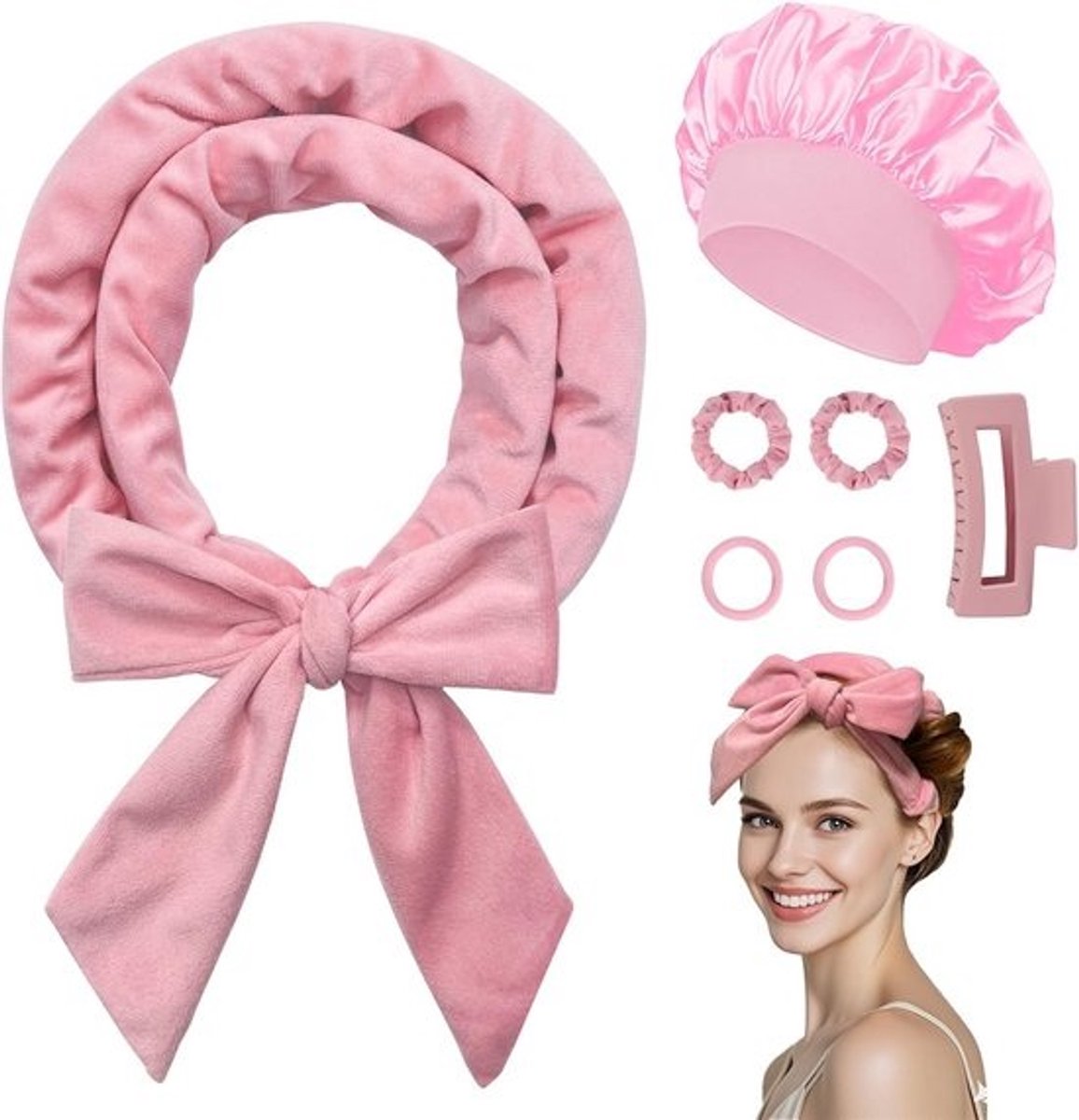 Hittevrije Krulset voor Slapen (7 Delen) - Zachte Velvet Curler met Satijnen Bonnet