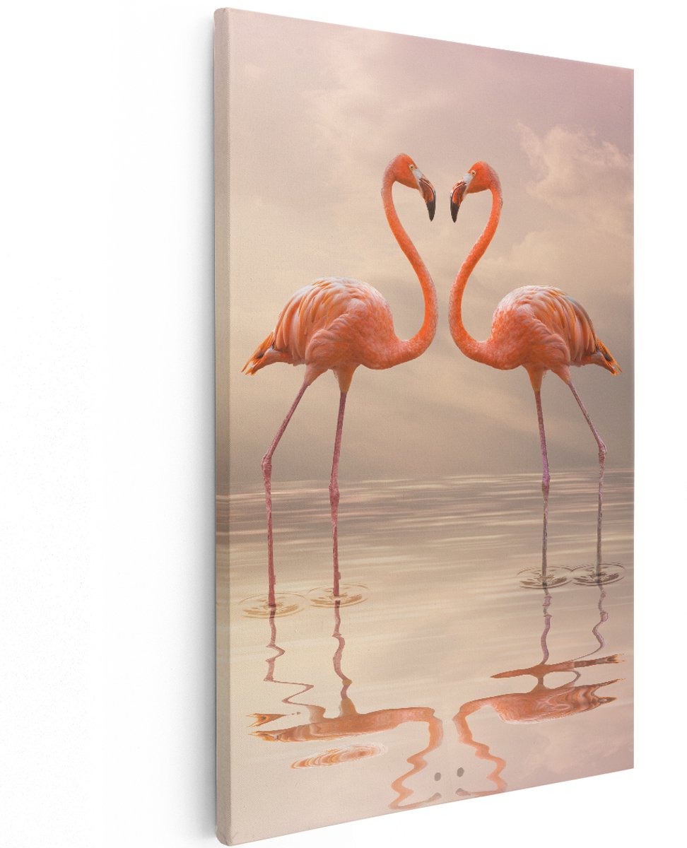 Artaza Canvas Schilderij Twee Flamingo's in een Hartjes Vorm - 120x180 cm - Groot - Wanddecoratie Woonkamer - Schilderijen - Muurdecoratie