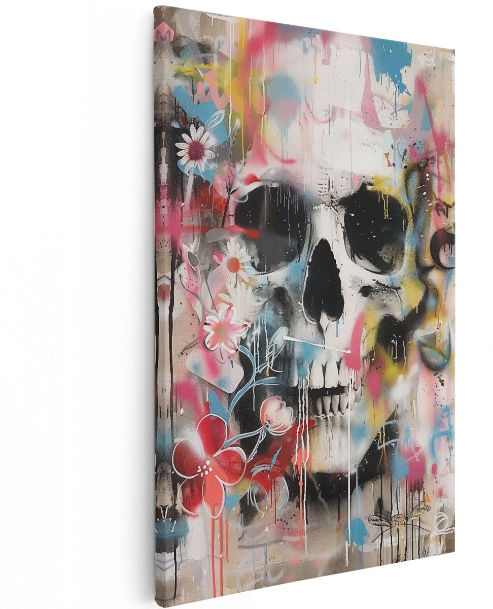 Artaza Canvas Schilderij Schedel met Bloemen en Spetters - Bloemen - 120x180 cm - Groot - Wanddecoratie Woonkamer - Schilderijen - Muurdecoratie
