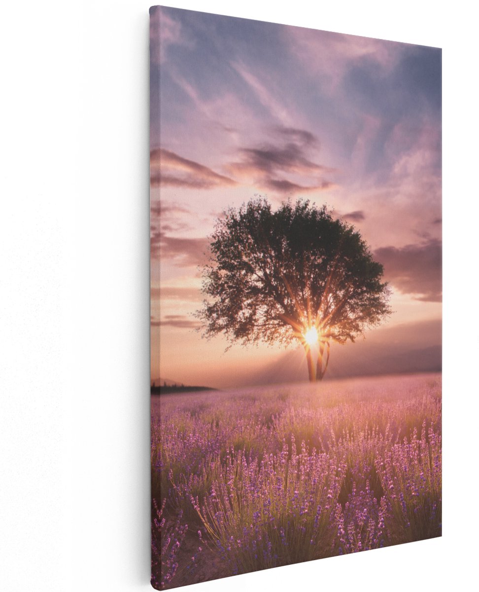 Artaza Canvas Schilderij Bloemenveld Met Lavendel Bij Zonsondergang - 120x180 cm - Groot - Wanddecoratie Woonkamer - Schilderijen - Muurdecoratie