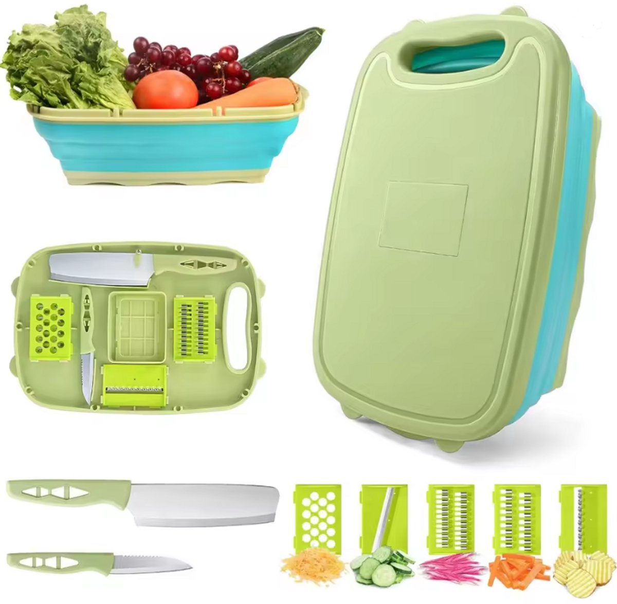 9-in-1 Opvouwbare Snijplank met Vergiet & Groentesnijder - Inclusief 2 Messen & 5 Raspbladen - Multifunctionele Snijplank Set voor Keuken & Camping - Groen/Blauw