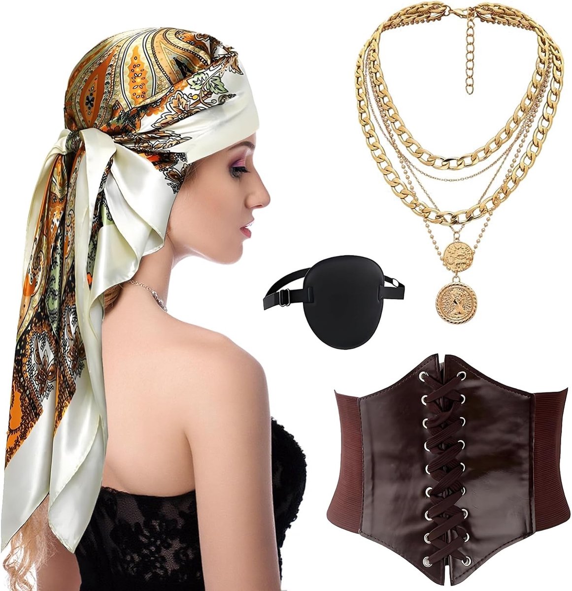 Vrouwelijk Piratenkostuum met 4 Stuks Accessoires voor Halloween, Carnaval en Maskerade, inclusief Hoofddoek, Korset, Ooglapje en Piratenketting