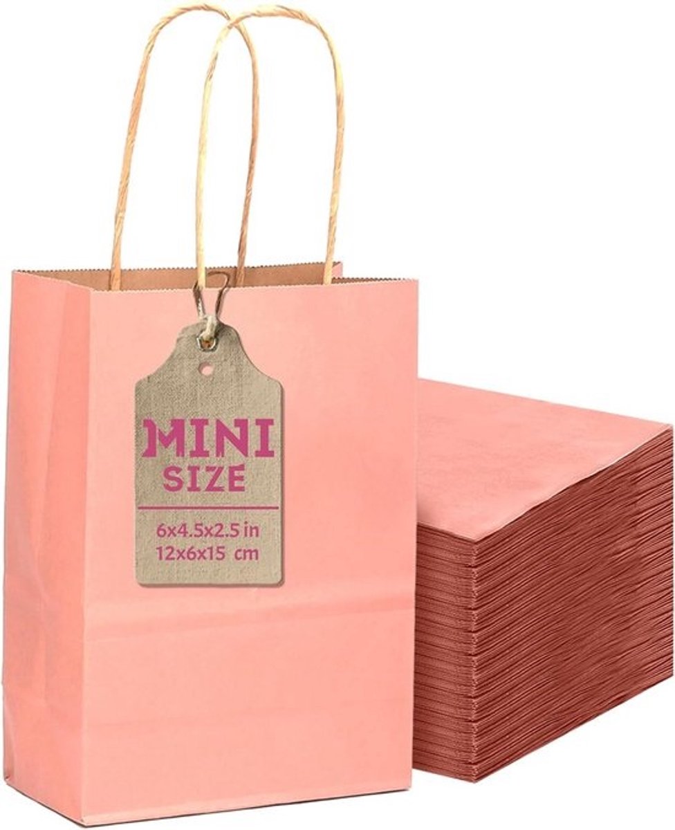 Lichtgevende roze mini gift bags met handvaten, 12 x 6 x 15 cm - set van 24