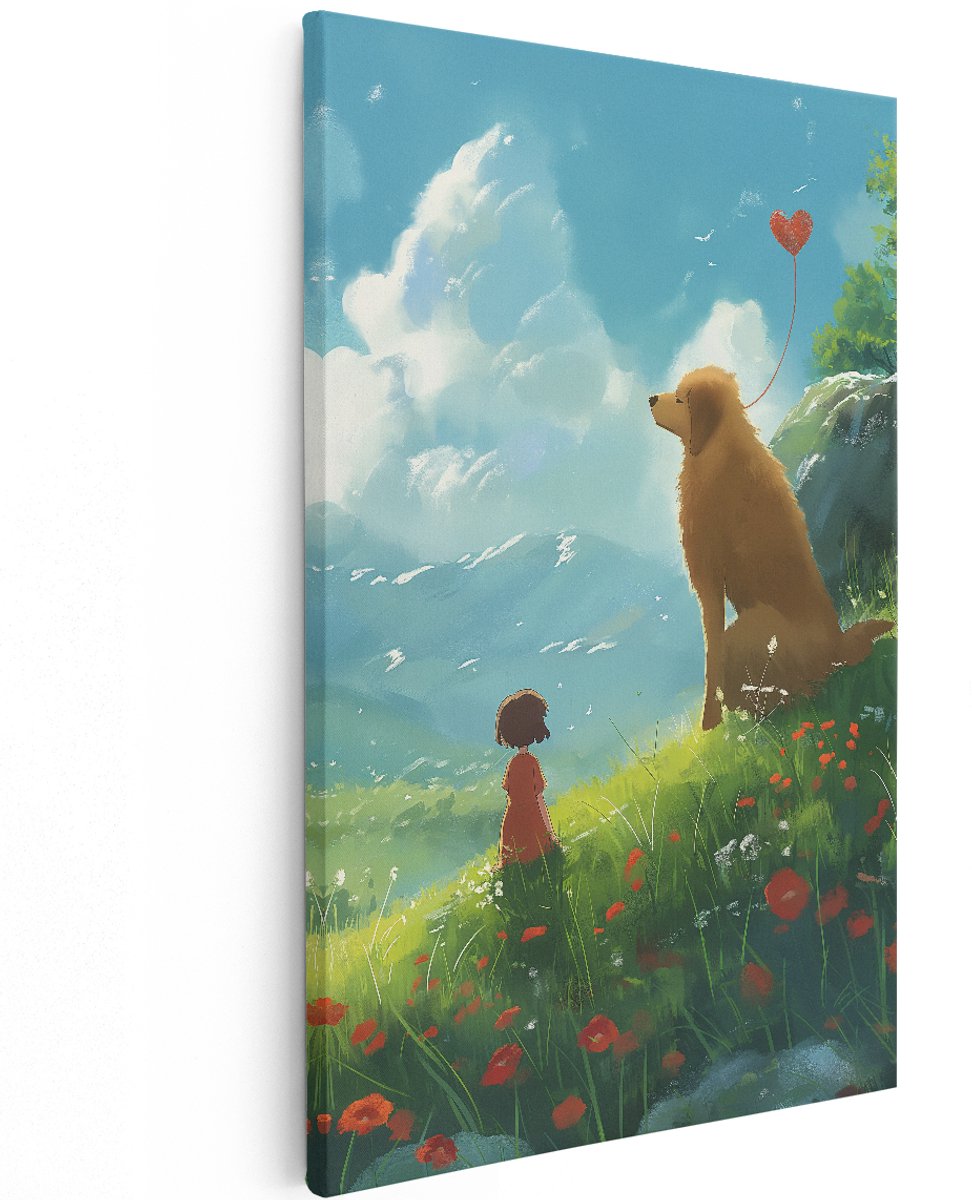 Artaza Canvas Schilderij Meisje Met Hond - 120x180 cm - Groot - Wanddecoratie Kinderkamer - Muurdecoratie Landschap - Decoratie Klaprozen