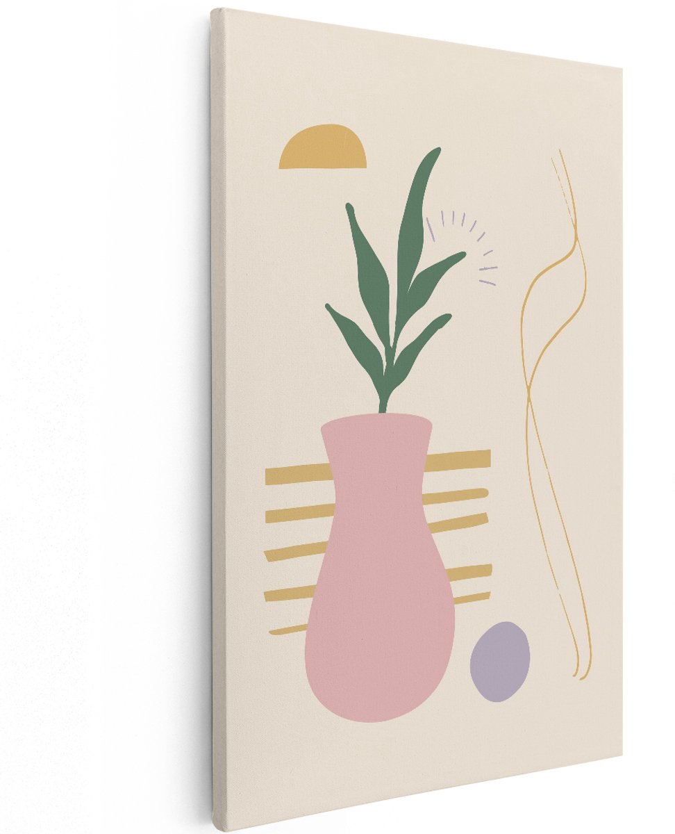 Artaza Canvas Schilderij Abstract - 120x180 cm - Groot - Wanddecoratie Boho Plant - Muurdecoratie Roze Vaas - Decoratie Woonkamer