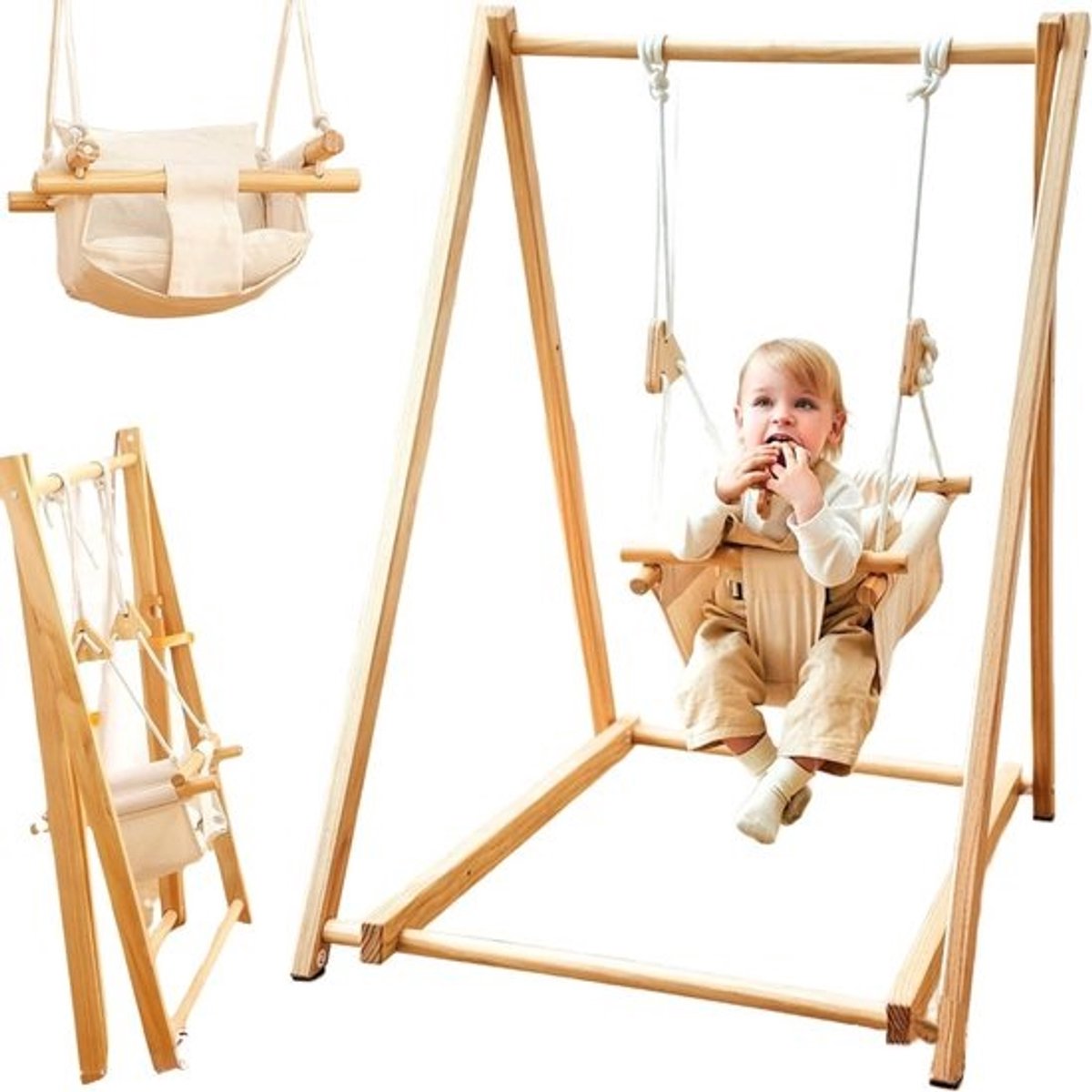 Houten babyschommel inklapbaar - natuurlijk dennenhout - max. 20 kg - speel- en rustplek voor baby's