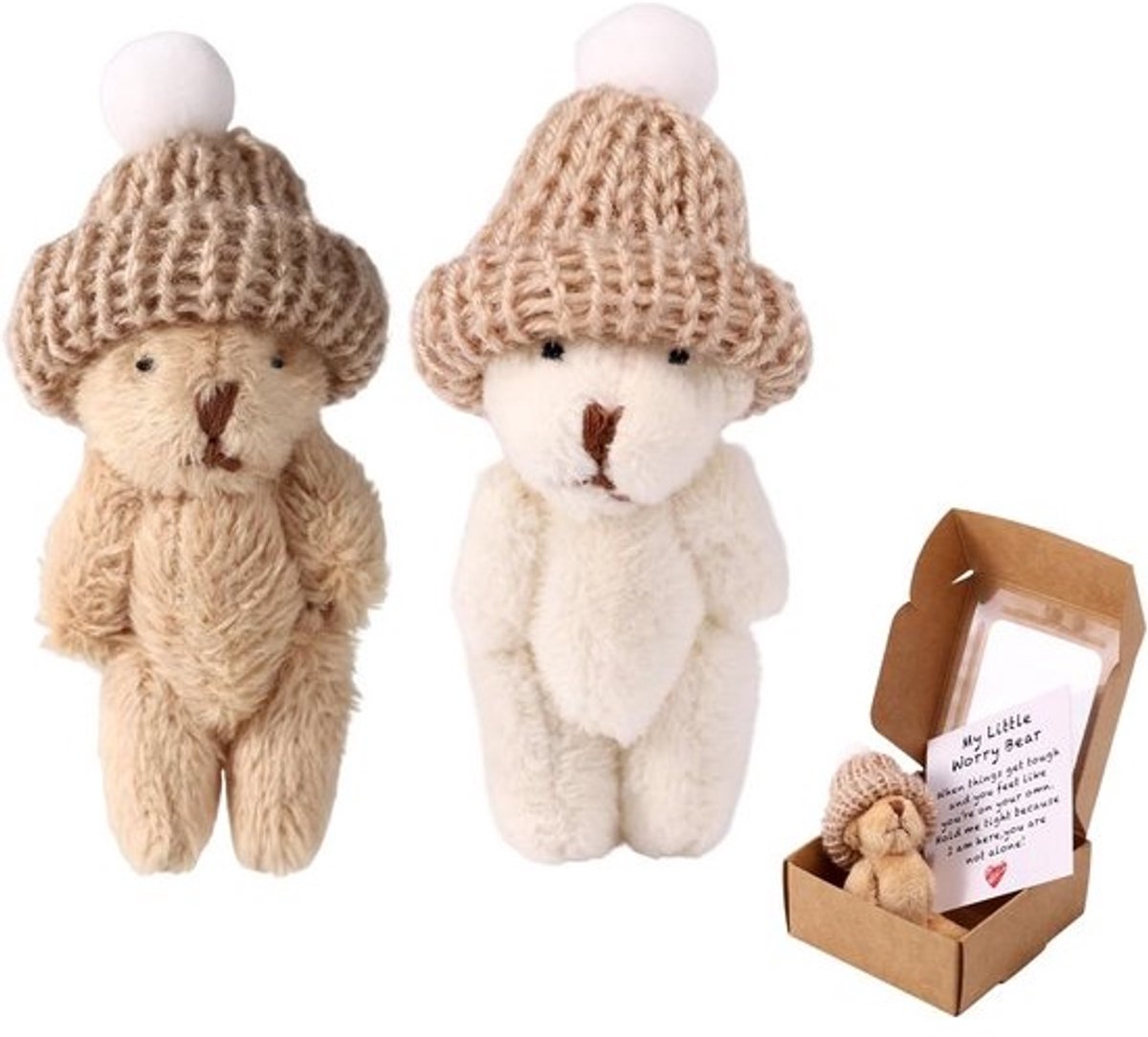 Mini Knuffel Beer - Zachte Knuffeldier - Emotionele Ondersteuning - Handgemaakt met Kaart - 9x4cm - Kaki Wit