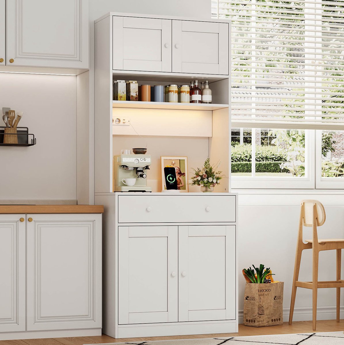 DESMIU Keukenkast Hoge Kast 180 Cm Met Led En Stopcontact Opbergruimte Voor Keuken En Woonkamer Wit Mdf 72x40x180 Cm