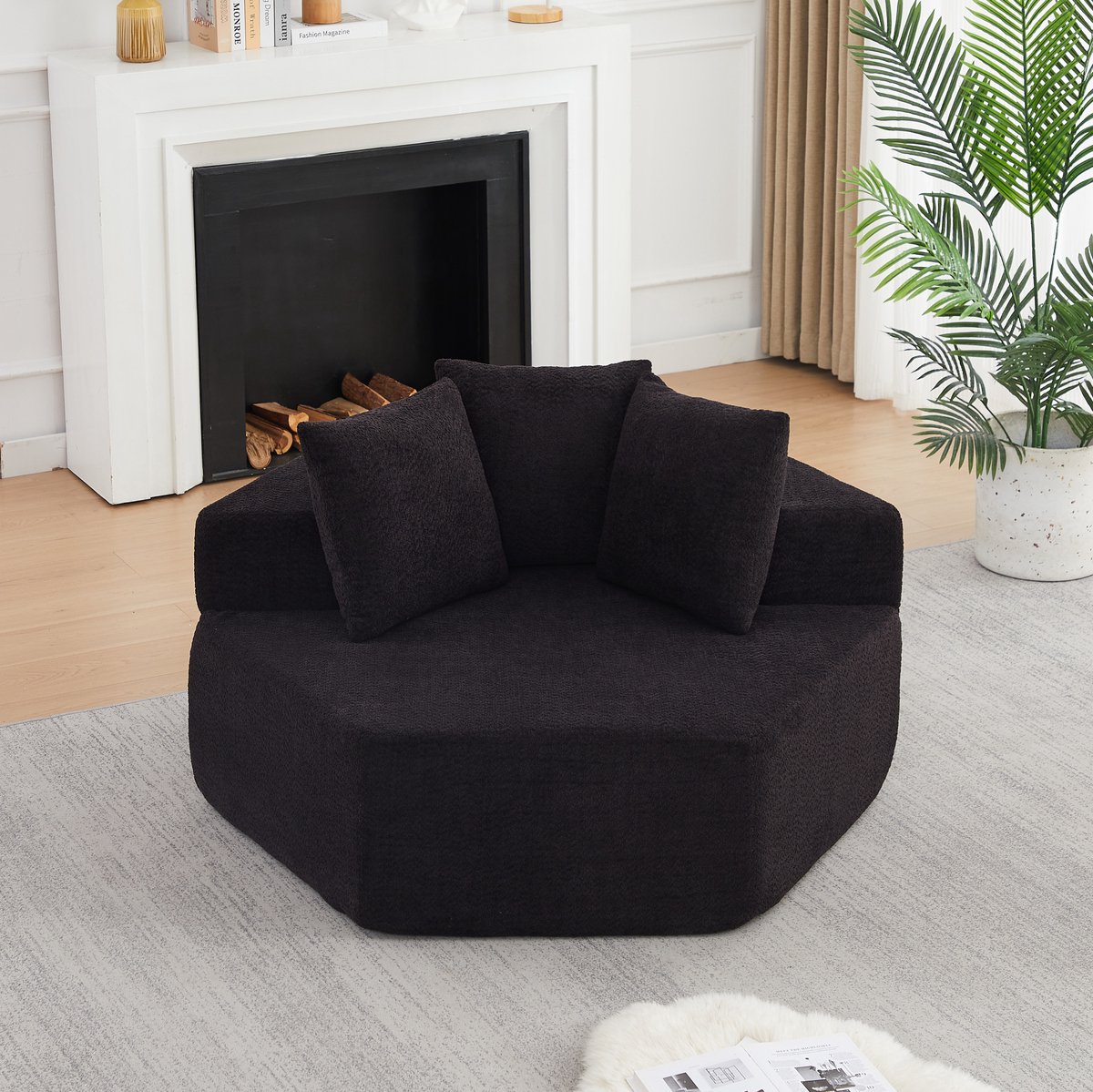 MODENUIT Fauteuil Hexagonaal 1-Zits - Modulair Met 3 Kussens - Voor Woonkamer - Chenille - Zwart
