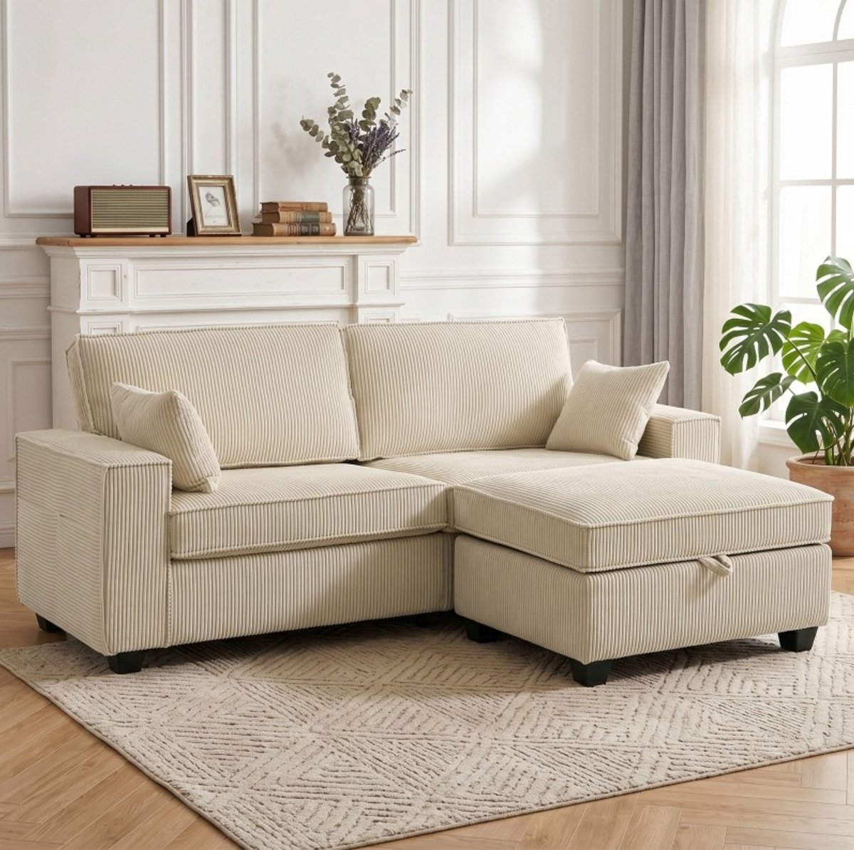 MODENUIT Hoekbank 216 cm - 3-Zits L-Vorm Met Stauraum-Ottomane En Kussens - Voor Woonkamer - Cord - Beige
