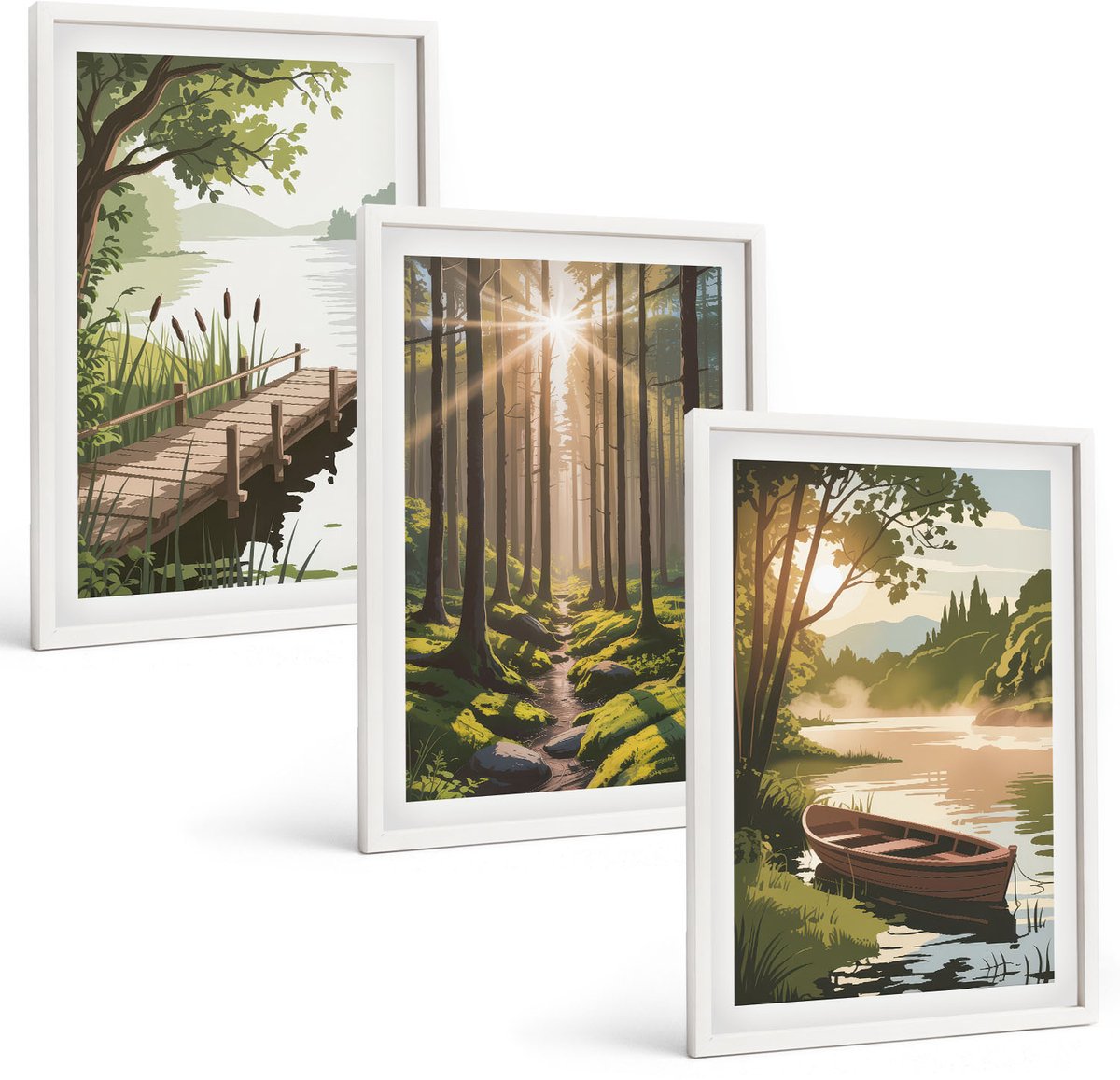 Wallfluent 3-Delige Schilderij Set - Rustige Landschappen Van Bos En Meer Met Een Boot - 40 x 60 - Decoratieve Schilderijen - Woonkamer - Interieur - Interieur Decoratie