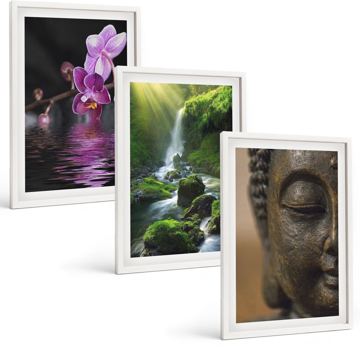 Wallfluent 3-Delige Schilderij Set - Bloemen In Het Water, Waterval Met Groene Rotsen, Boeddha - 40 x 60 - Muurdecoratie - Schilderijen Set - Woonkamer - Woonkamer Decoratie