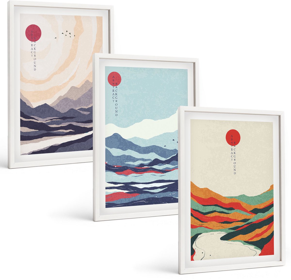 Wallfluent 3-Delige Schilderij Set - Japanse Abstracte Berglandschappen - 40 x 60 - Wanddecoratie - Schilderijen Set - Kantoor - Muurdecoratie
