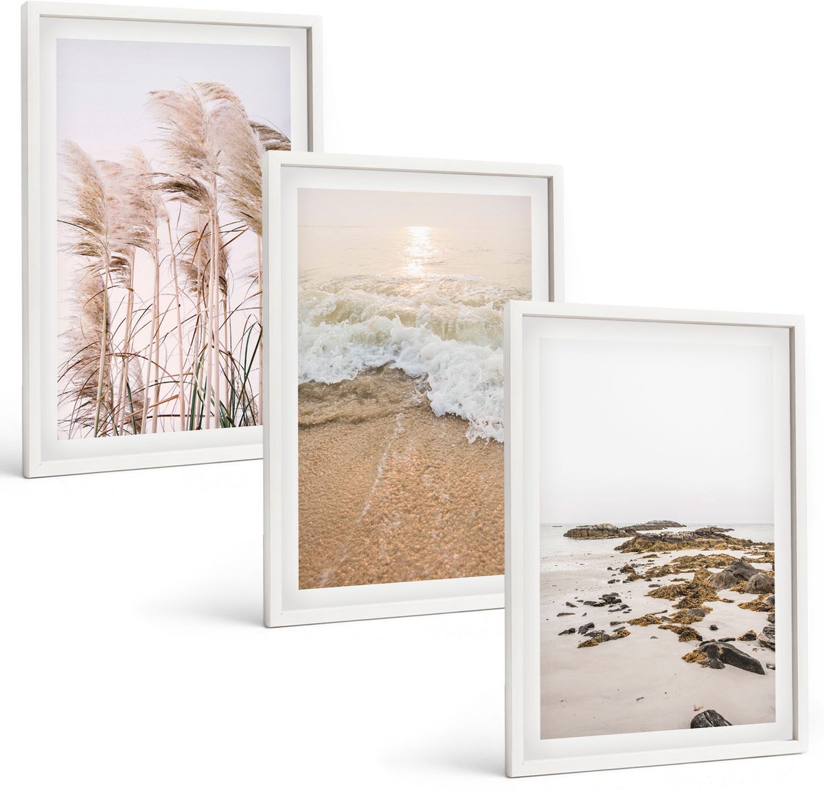 Wallfluent 3-Delige Schilderij Set - Strandgras, Golven En Zeestenen, Boho - 40 x 60 - Muurdecoratie - Interieur Decoratie - Decoratieve Schilderijen