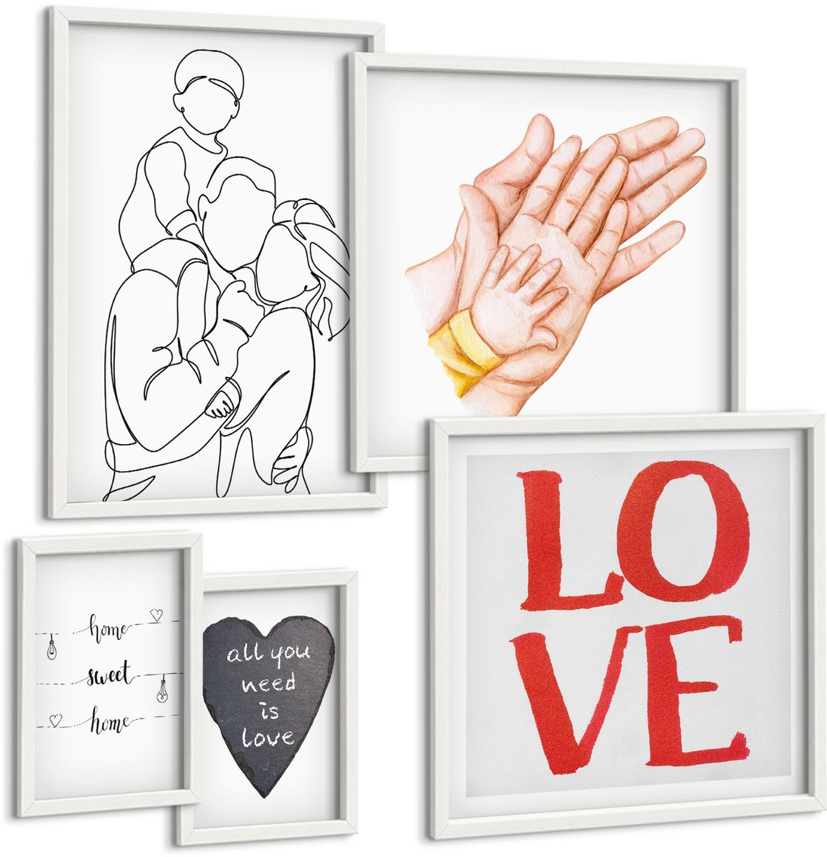 Wallfluent 5-Delige Schilderij Set - Familie, Liefde, Warmte, Thuis, Gelukkige Momenten. - 50 x 50 cm, 20 x 30 cm En 40 x 60 cm - Muurdecoratie - Interieur Decoratie