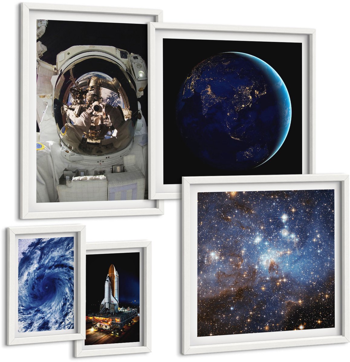Wallfluent 5-Delige Schilderij Set - Ontdekkingen In De Ruimte: Beelden Van Het Universum En Astronauten - 50 x 50 cm, 20 x 30 cm En 40 x 60 cm - Decoratieve Muurdecoratie - Slaapkamer - Decoratieve Schilderijen