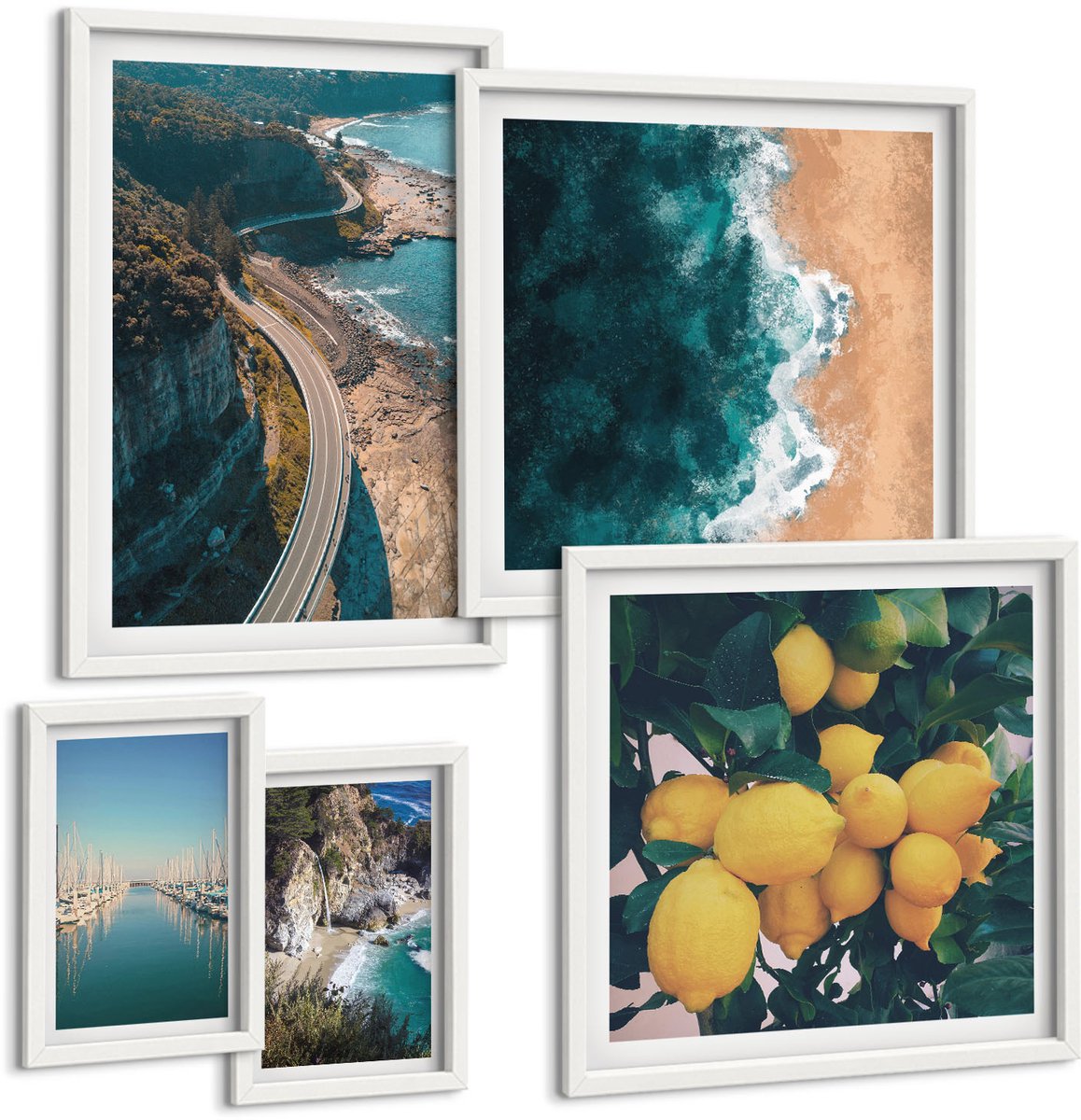 Wallfluent 5-Delige Schilderij Set - Kustlandschappen Met Stranden En Citrusvruchten - 50 x 50 cm, 20 x 30 cm En 40 x 60 cm - Muurdecoratie - Wanddecoratie - Slaapkamer - Decoratieve Schilderijen