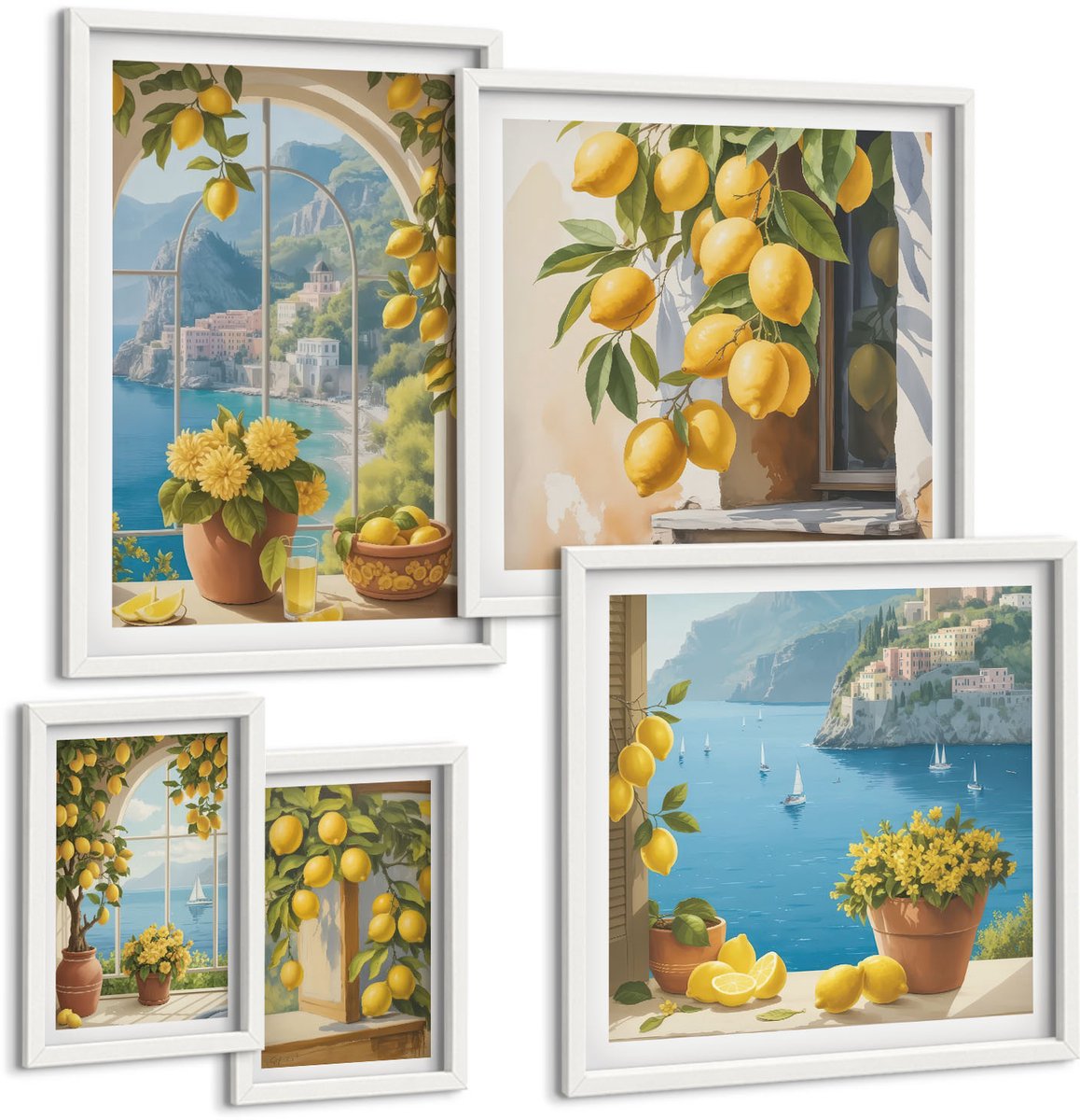 Wallfluent 5-Delige Schilderij Set - Citroenaccenten In Provençaalse Stijl Met Uitzicht Op Zee - 50 x 50 cm, 20 x 30 cm En 40 x 60 cm - Wanddecoratie - Moderne Interieurdecoratie - Woonkamer Decoratie