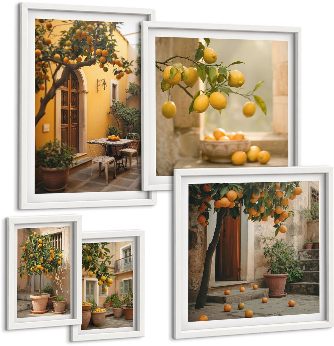 Wallfluent 5-Delige Schilderij Set - Citrusvruchten In Charmante Hoekjes Van De Tuin - 50 x 50 cm, 20 x 30 cm En 40 x 60 cm - Muurdecoratie - Interieur Decoratie - Wanddecoratie