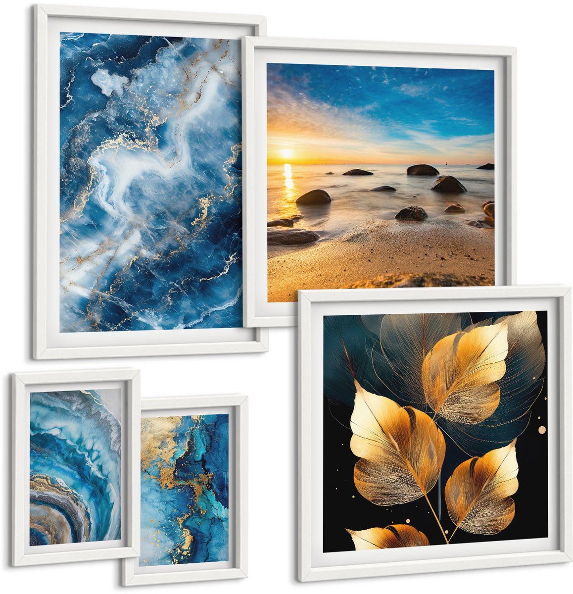 Wallfluent 5-Delige Schilderij Set - Abstracte Landschappen In Blauwe Tinten - 50 x 50 cm, 20 x 30 cm En 40 x 60 cm - Stijlvolle Muurdecoratie - Kantoor