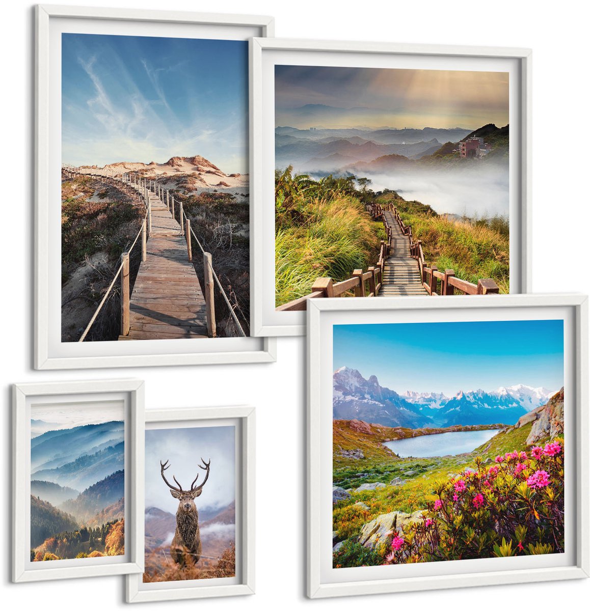Wallfluent 5-Delige Schilderij Set - Natuurlijke Berg- En Boslandschappen Met Wilde Dieren - 50 x 50 cm, 20 x 30 cm En 40 x 60 cm - Muurdecoratie - Schilderijen Set - Woonkamer - Woonkamer Decoratie