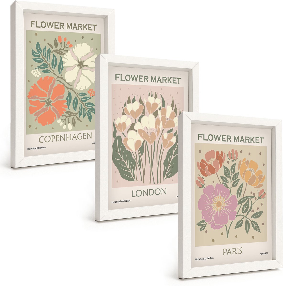 Wallfluent 3-Delige Schilderij Set - Bloemenposters Kopenhagen Londen Parijs - 20 x 30 - Muurdecoratie - Interieur Decoratie