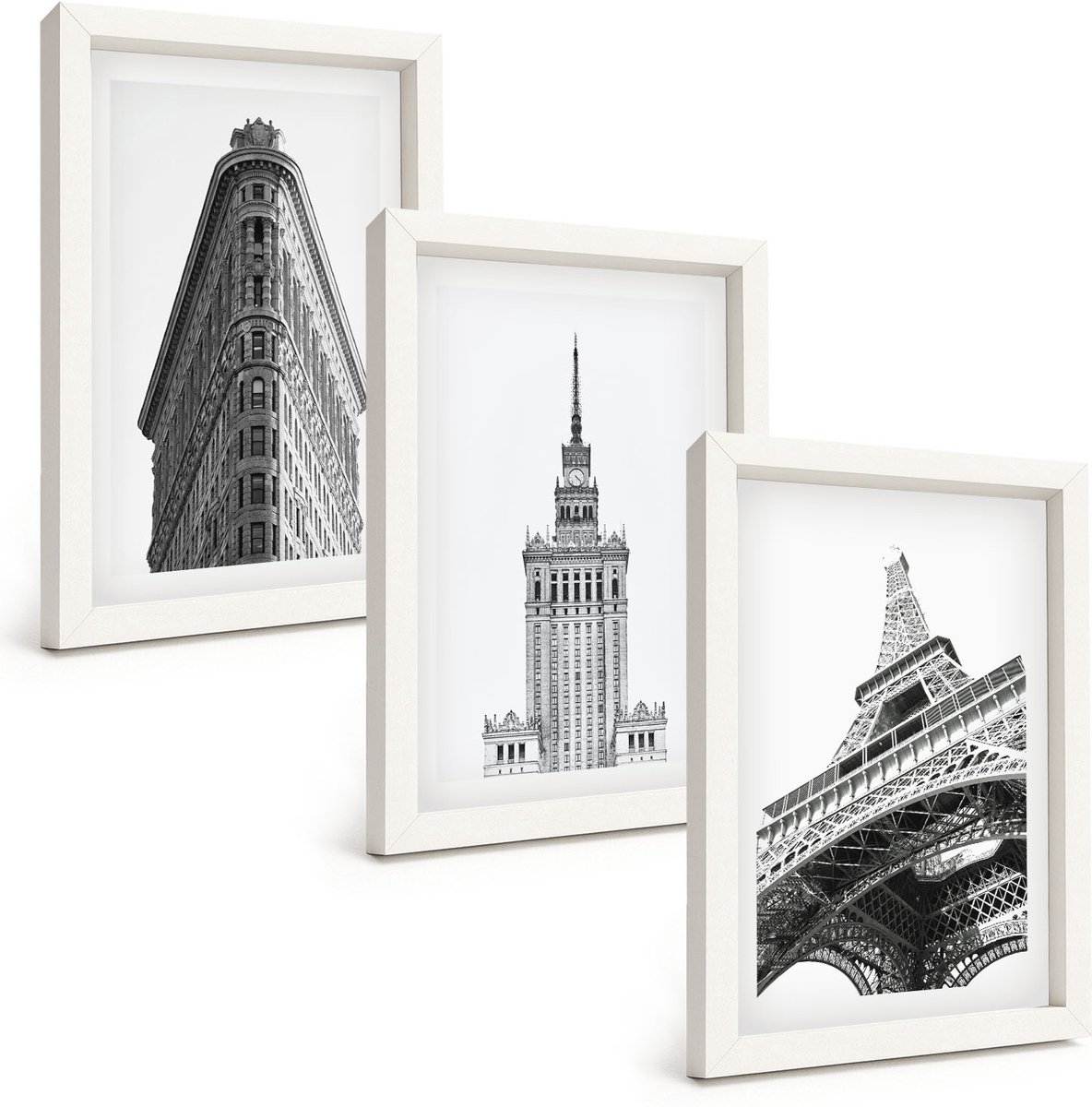 Wallfluent 3-Delige Schilderij Set - Architectonische Gebouwen In Zwart-Wit Minimalisme - 20 x 30 - Muurdecoratie - Wanddecoratie - Slaapkamer - Woonkamer Decoratie