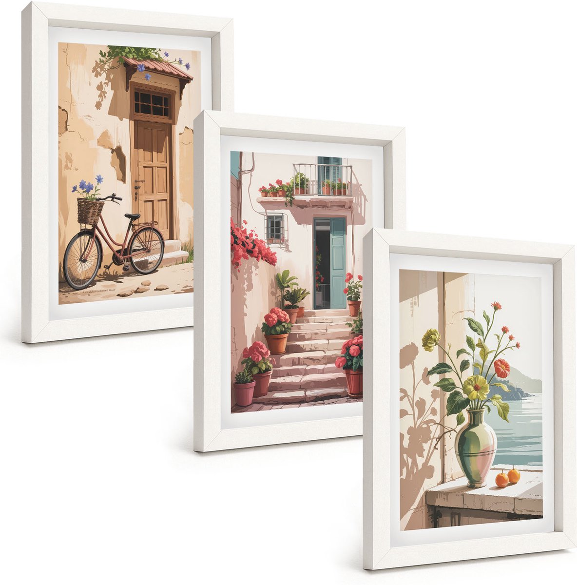 Wallfluent 3-Delige Schilderij Set - Geschilderde Straten Met Bloemen En Een Fiets - 20 x 30 - Moderne Wanddecoratie - Slaapkamer
