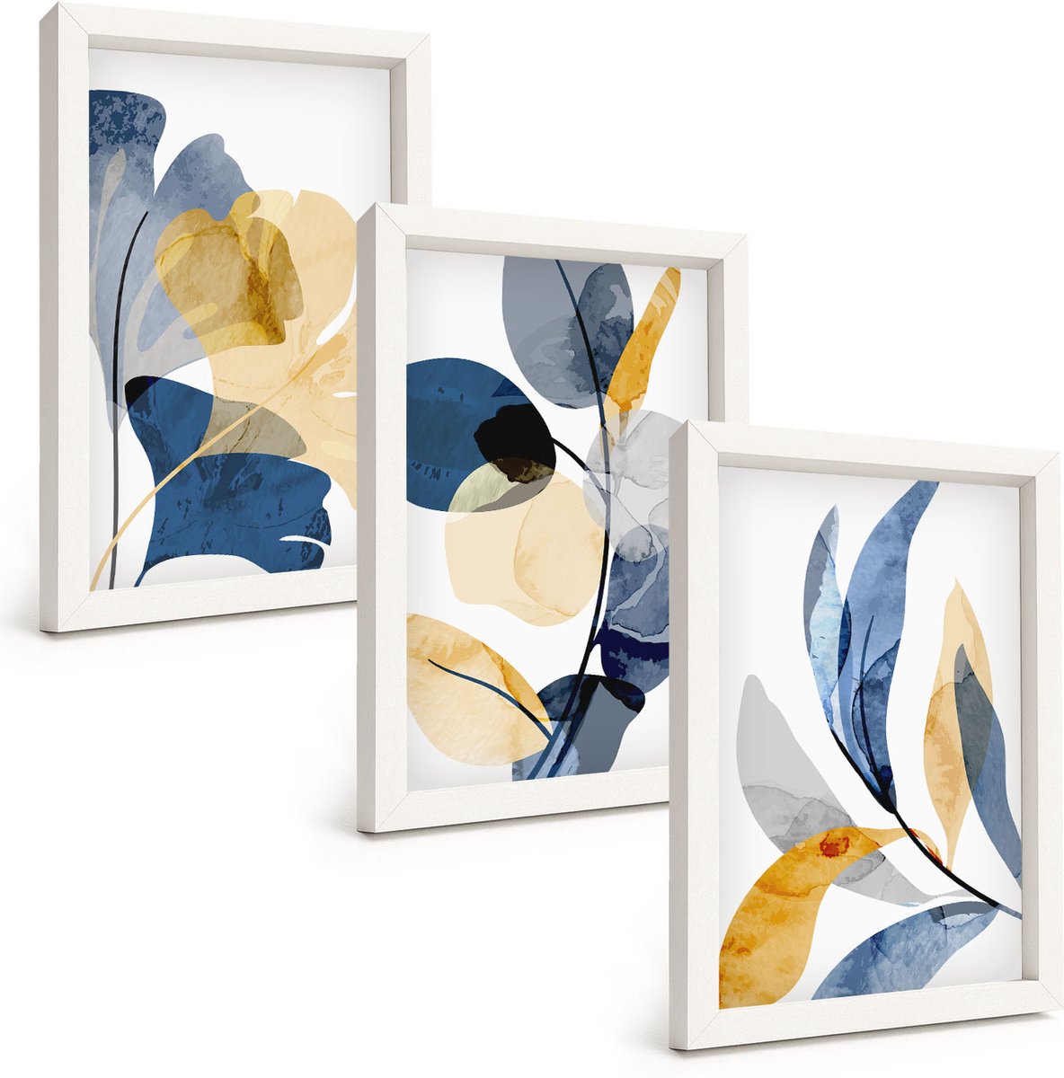 Wallfluent 3-Delige Schilderij Set - Plantenmotieven In Aquarelstijl - 20 x 30 - Stijlvolle Muurdecoratie - Kantoor