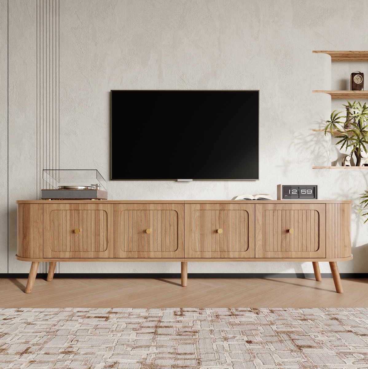 REDOM - TV meubel - Vier klapdeuren - Opbergruimte - Retro & Vintage - Woonkamer - MDF en spaanplaat - Eikenhoutkleur - 180 x 38 x 47 cm