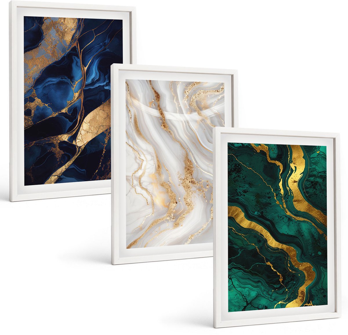 Wallfluent 3-Delige Schilderij Set - Abstracte Patronen In Blauw- En Groentinten. - 40 x 60 - Muurdecoratie - Wanddecoratie - Slaapkamer - Stijlvolle Muurdecoratie