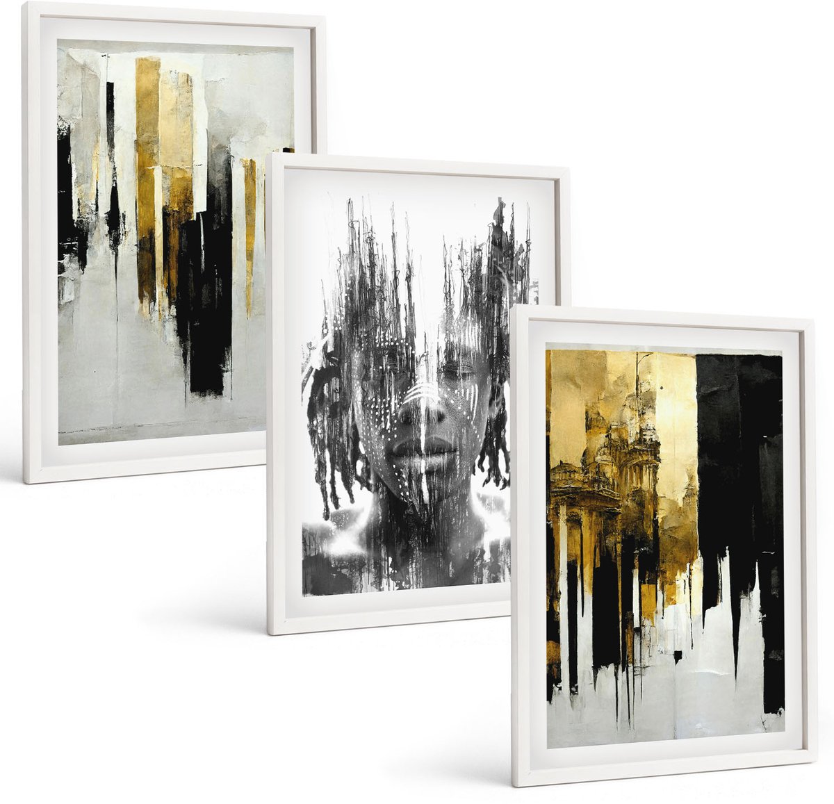 Wallfluent 3-Delige Schilderij Set - Contrasterende Abstracties Met Portret En Architectuur - 40 x 60 - Wanddecoratie - Woonkamer Decoratie - Decoratieve Schilderijen