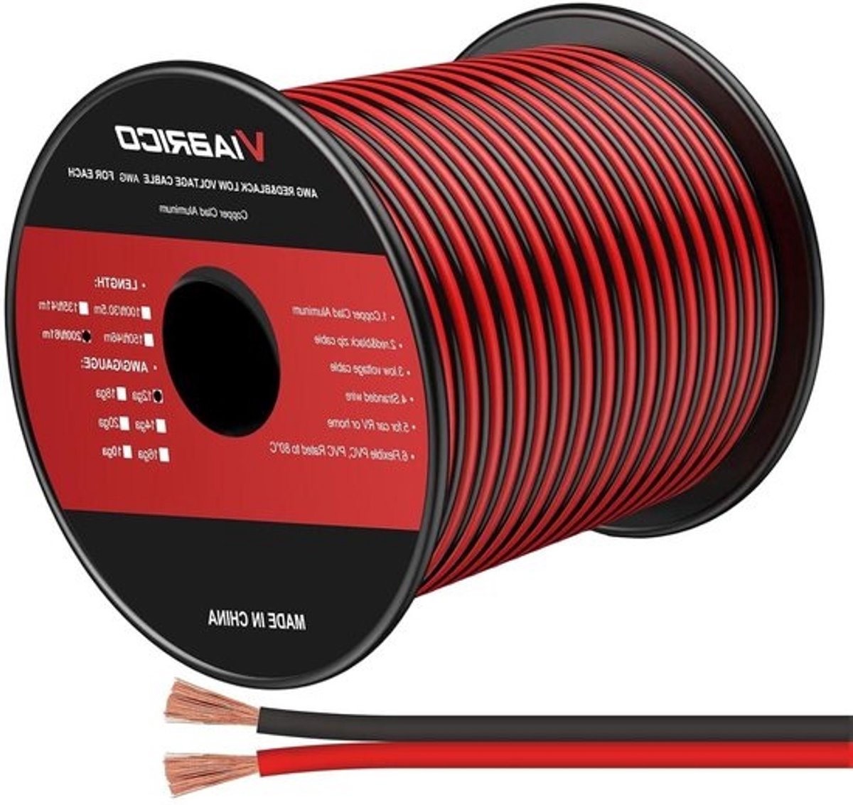 Elektrische Draad - Stroomkabel Verlengkabel - Laagspanning Aansluiten - Kopergecoat Aluminium - 60 meter 12 AWG - Rood Zwart